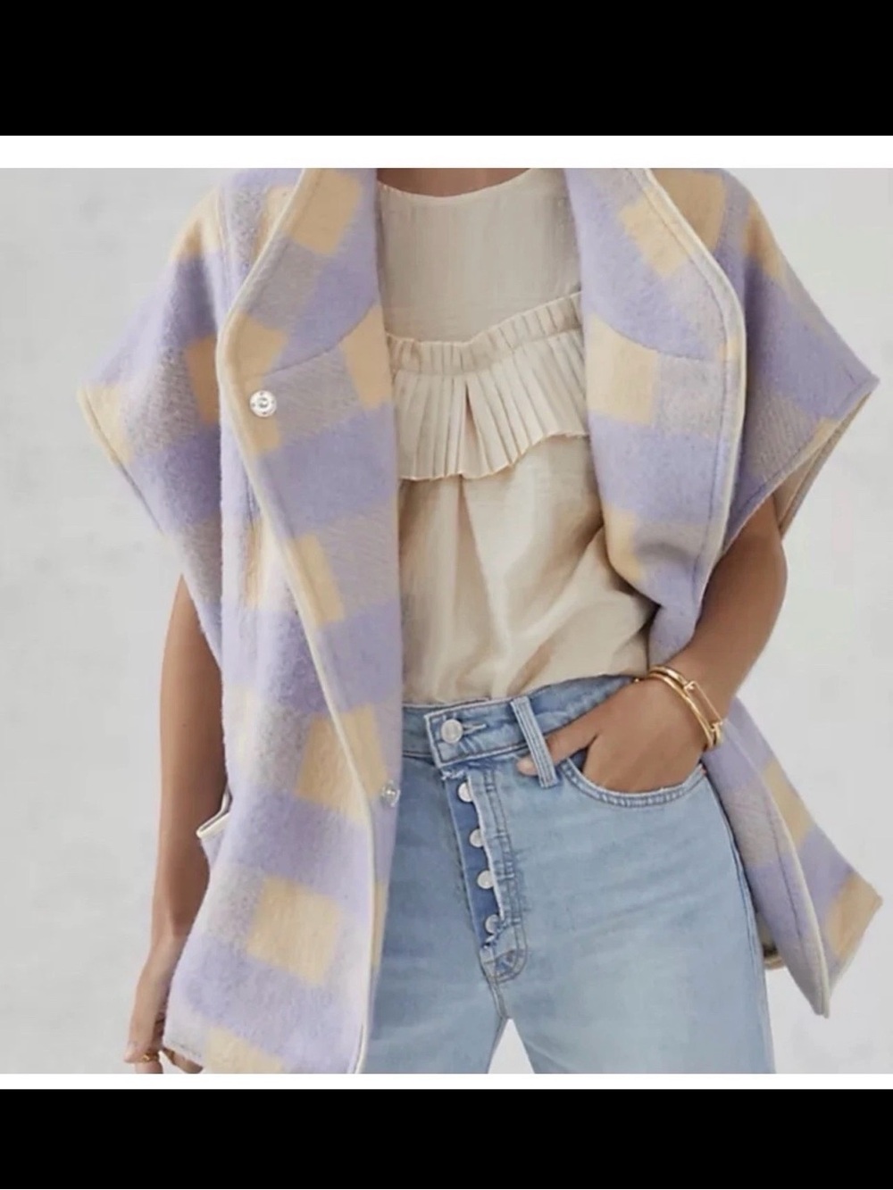 Anderson & Lauth Anthropologie Periwinkle Cream Plaid Gingham Capelet Vest OS